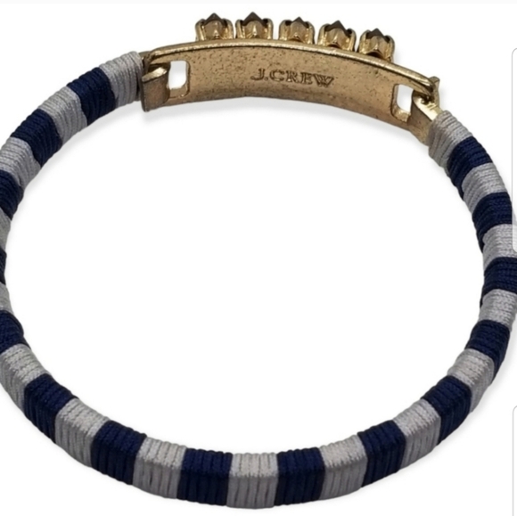 J.CREW VINTAGE BLUE & WHITE STRIPED & JEWEL DETAIL HINGED GOLDTONE BRACELET - Picture 5 of 7